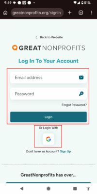 Greatnonprofits login screen