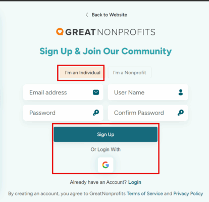 Sign up screen for new members